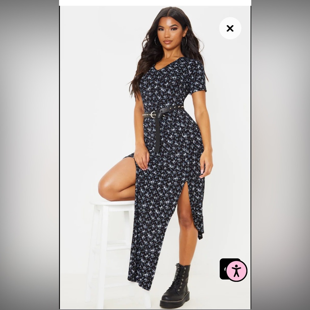 Pretty Little Thing Black Ditsy Split Detail Floral Maxi Dress